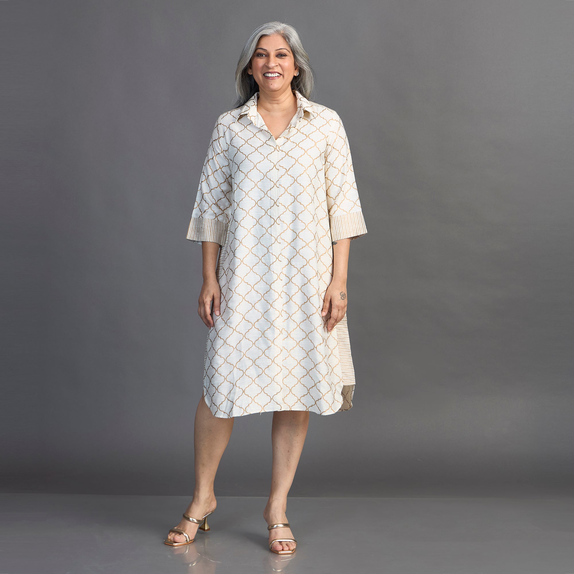 Netra Shirt Dress - Ivory with Gold Print (LAST PIECE)