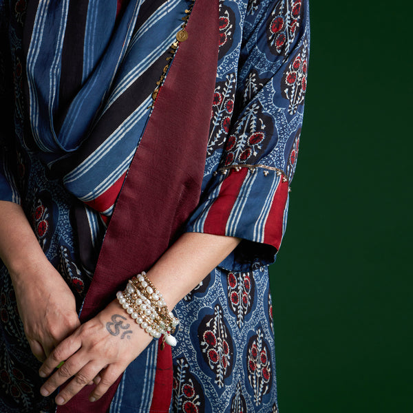 NORI Jacket 3 piece SET - Blue Ajrakh Modal Satin with Silk Pants