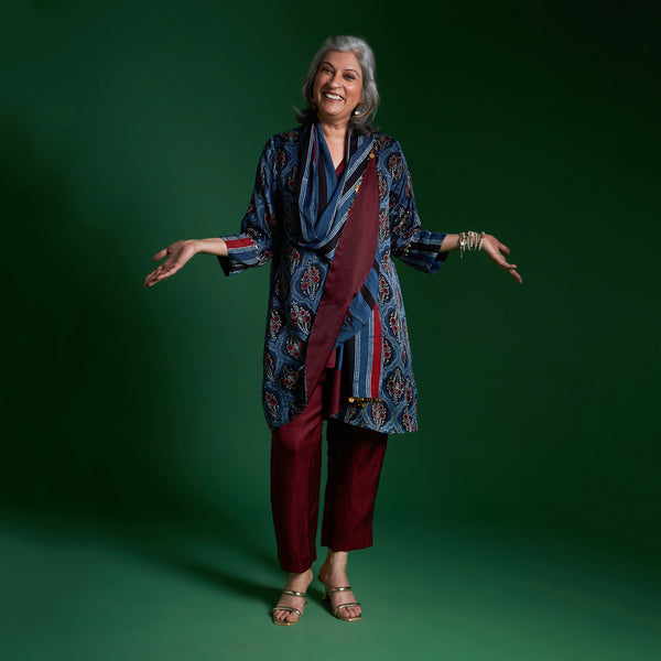 NORI Jacket 3 piece SET - Blue Ajrakh Modal Satin with Silk Pants
