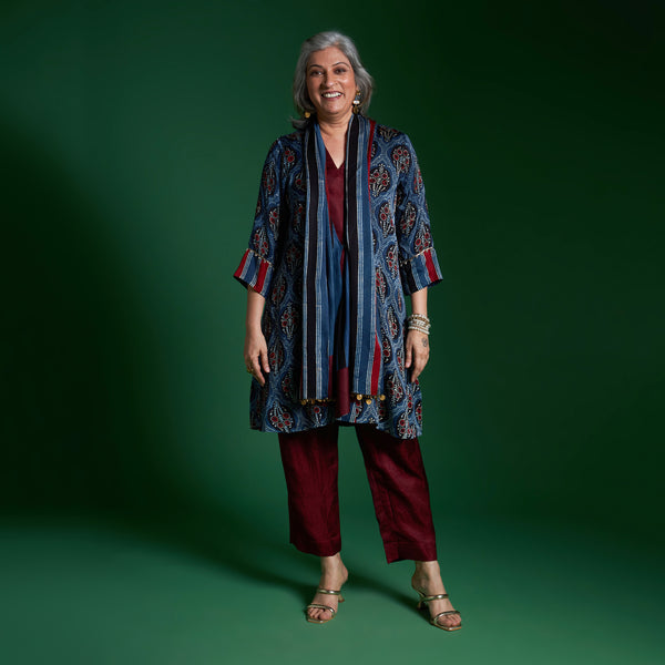 NORI Jacket 3 piece SET - Blue Ajrakh Modal Satin with Silk Pants