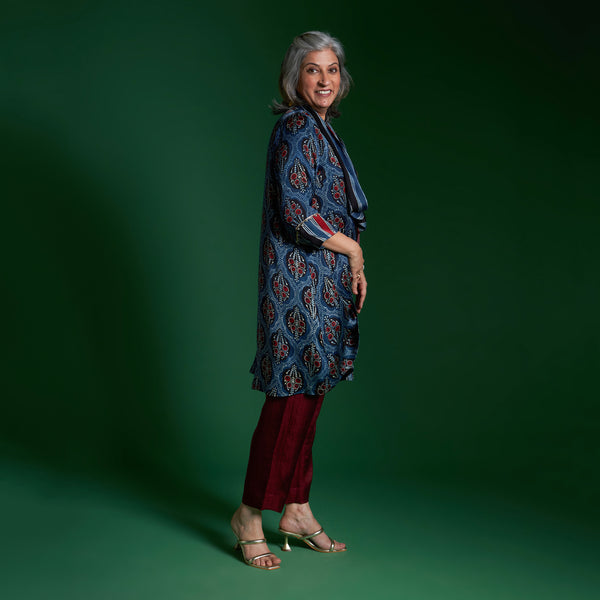 NORI Jacket 3 piece SET - Blue Ajrakh Modal Satin with Silk Pants