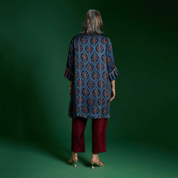 NORI Jacket 3 piece SET - Blue Ajrakh Modal Satin with Silk Pants