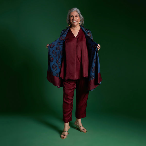 NORI Jacket 3 piece SET - Blue Ajrakh Modal Satin with Silk Pants