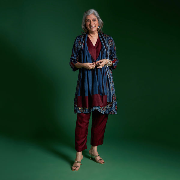 NORI Jacket 3 piece SET - Blue Ajrakh Modal Satin with Silk Pants