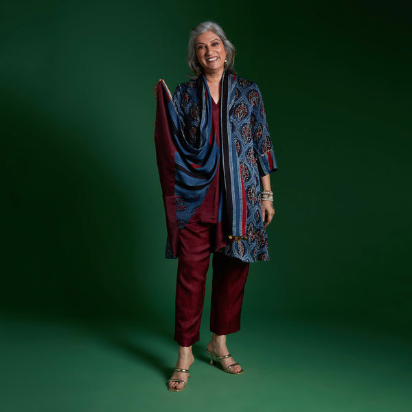 NORI Jacket 3 piece SET - Blue Ajrakh Modal Satin with Silk Pants