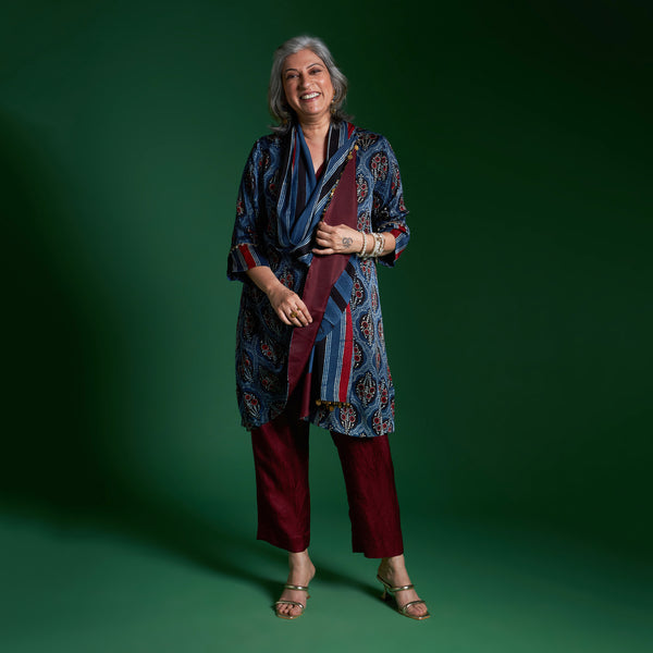 NORI Jacket 3 piece SET - Blue Ajrakh Modal Satin with Silk Pants