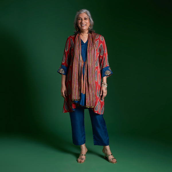 NORI Jacket 3 piece SET - Red Print with Embroidered Sleeve Silk pants