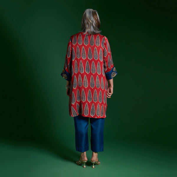 NORI Jacket 3 piece SET - Red Print with Embroidered Sleeve Silk pants