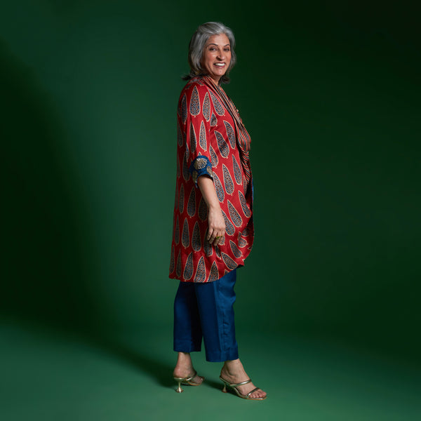 NORI Jacket 3 piece SET - Red Print with Embroidered Sleeve Silk pants