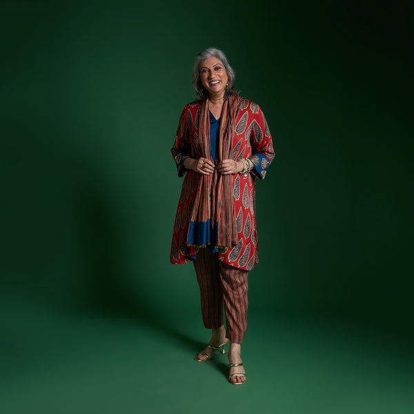 NORI Jacket 3 piece SET - AJRAKH Red with Embroidered Sleeve