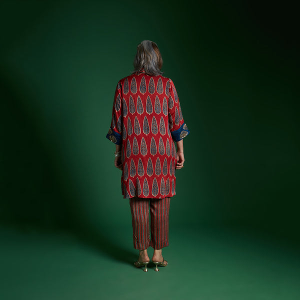 NORI Jacket 3 piece SET - AJRAKH Red with Embroidered Sleeve