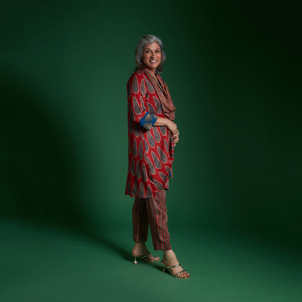 NORI Jacket 3 piece SET - AJRAKH Red with Embroidered Sleeve