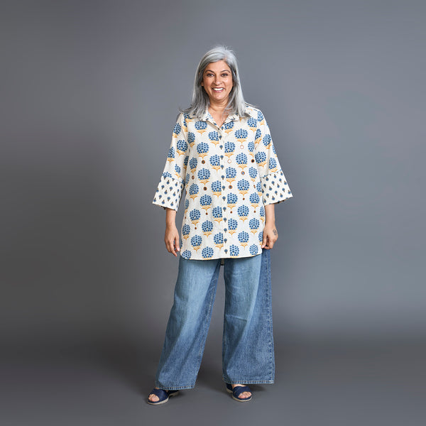 SVARA Block Printed shirt - BLUE Ivory