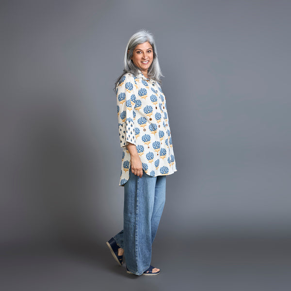 SVARA Block Printed shirt - BLUE Ivory
