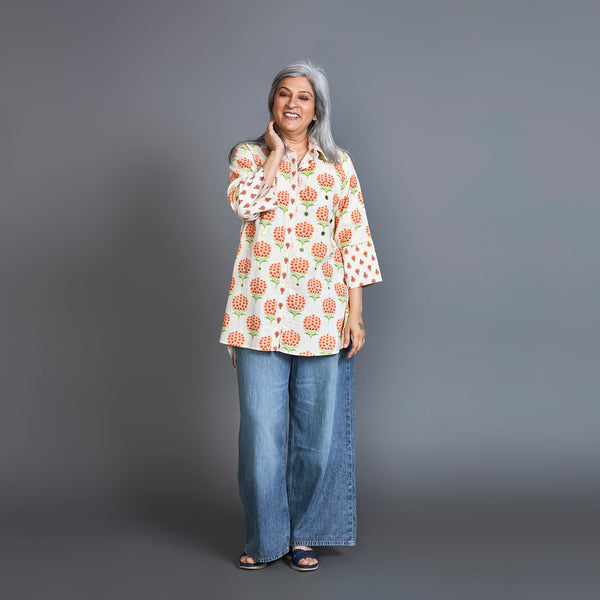 SVARA Block Printed shirt - Orange Ivory