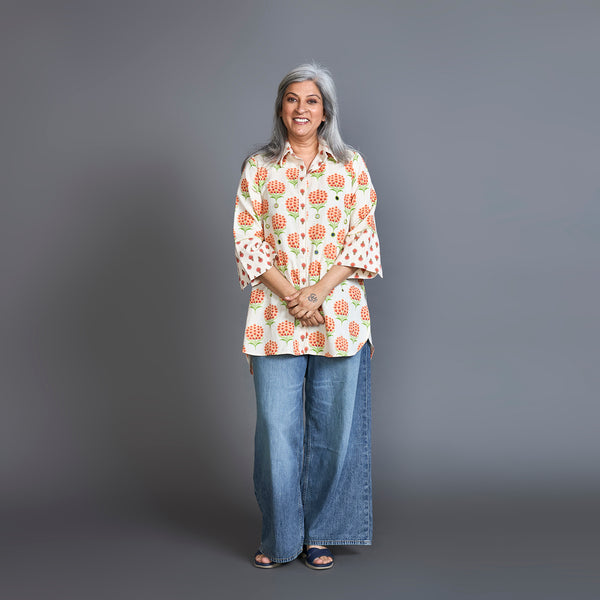 SVARA Block Printed shirt - Orange Ivory