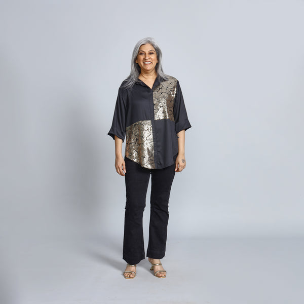 SHIREEN Shirt - Black Satin with Gold Sequin (PROMO)
