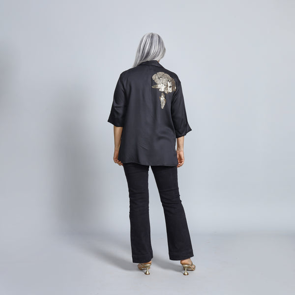 SHIREEN Shirt - Black Satin with Gold Sequin (PROMO)