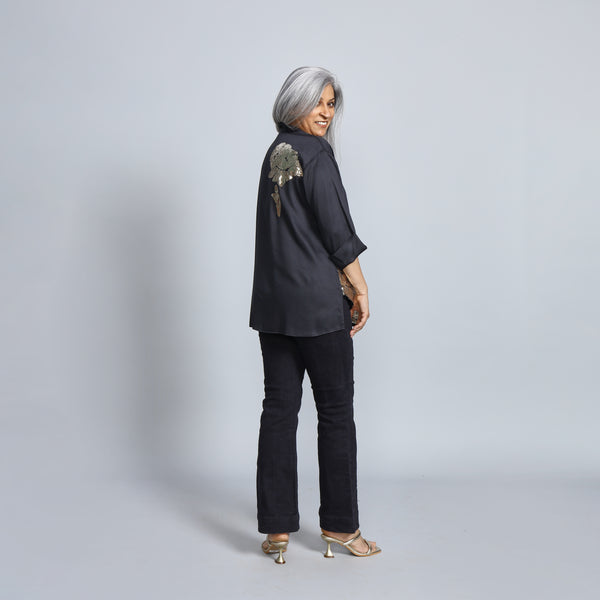 SHIREEN Shirt - Black Satin with Gold Sequin (PROMO)