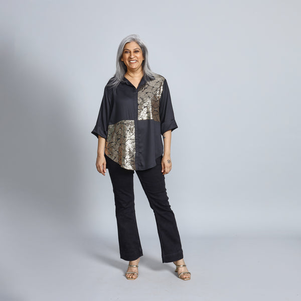 SHIREEN Shirt - Black Satin with Gold Sequin (PROMO)