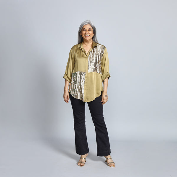 SHIREEN Shirt - Olive Satin with Sequin (PROMO)