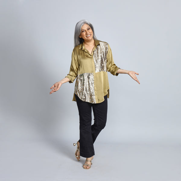 SHIREEN Shirt - Olive Satin with Sequin (PROMO)