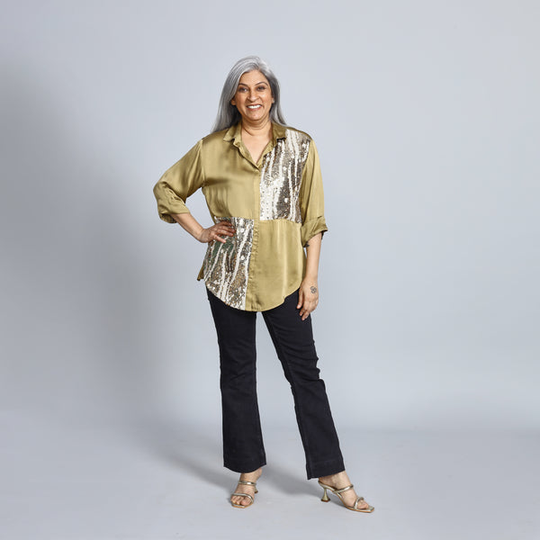 SHIREEN Shirt - Olive Satin with Sequin (PROMO)
