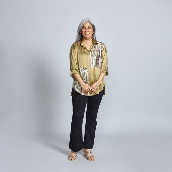 SHIREEN Shirt - Olive Satin with Sequin (PROMO)