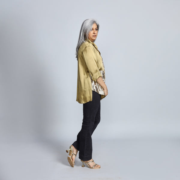 SHIREEN Shirt - Olive Satin with Sequin (PROMO)