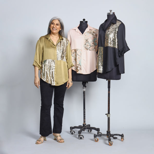 SHIREEN Shirt - Olive Satin with Sequin (PROMO)
