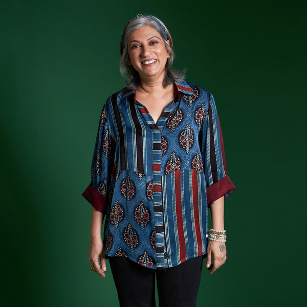 SHIREEN Shirt - Blue Ajrakh Modal Satin