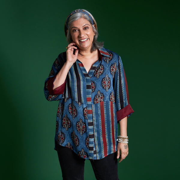 SHIREEN Shirt - Blue Ajrakh Modal Satin