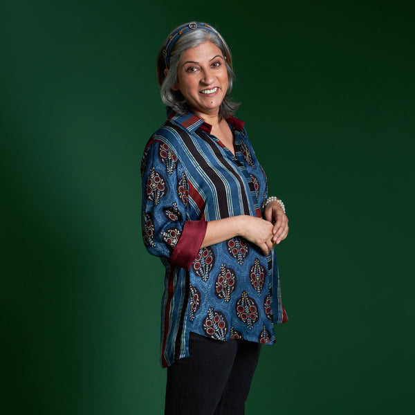 SHIREEN Shirt - Blue Ajrakh Modal Satin