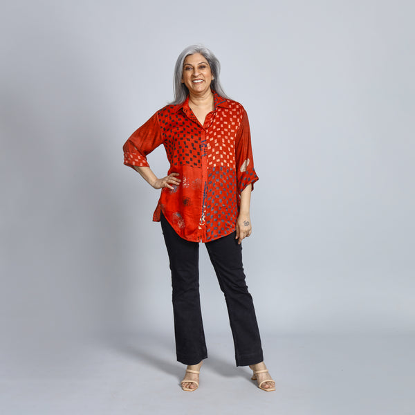 SHIREEN Shirt - RED Ajrakh Modal Satin (PROMO)
