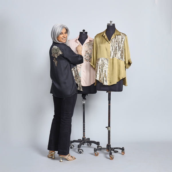 SHIREEN Shirt - Black Satin with Gold Sequin (PROMO)