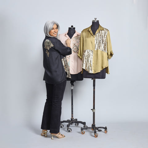 SHIREEN Shirt - Black Satin with Gold Sequin (PROMO)