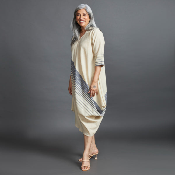 TASHI Cowl Dress - Ecru Grey Stripe (PROMO)