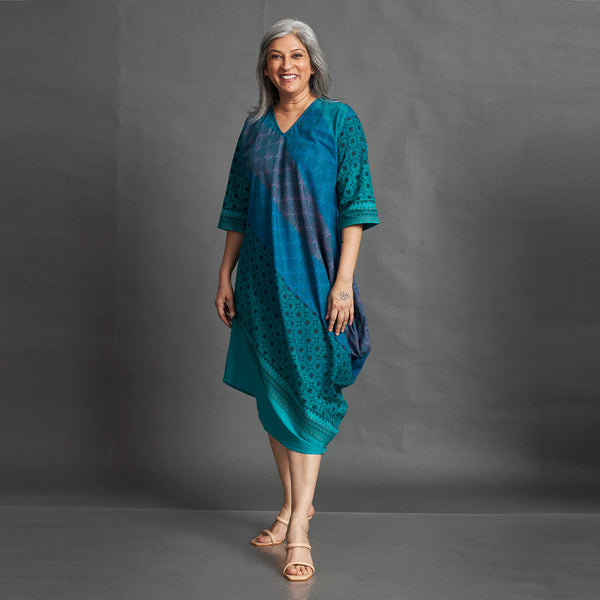 TASHI Cowl Dress - Blue Green Print (SALE)