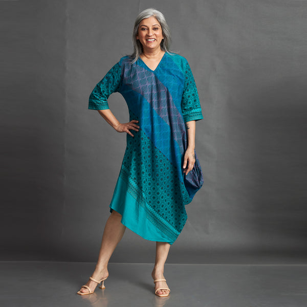 TASHI Cowl Dress - Blue Green Print (SALE)