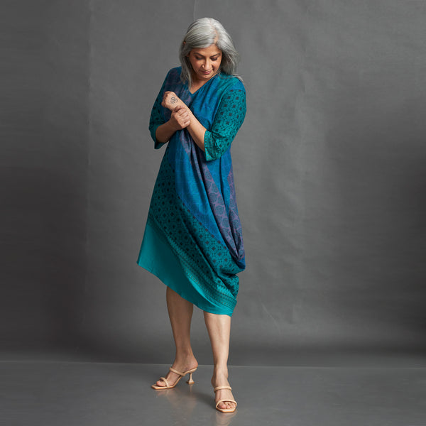 TASHI Cowl Dress - Blue Green Print (SALE)