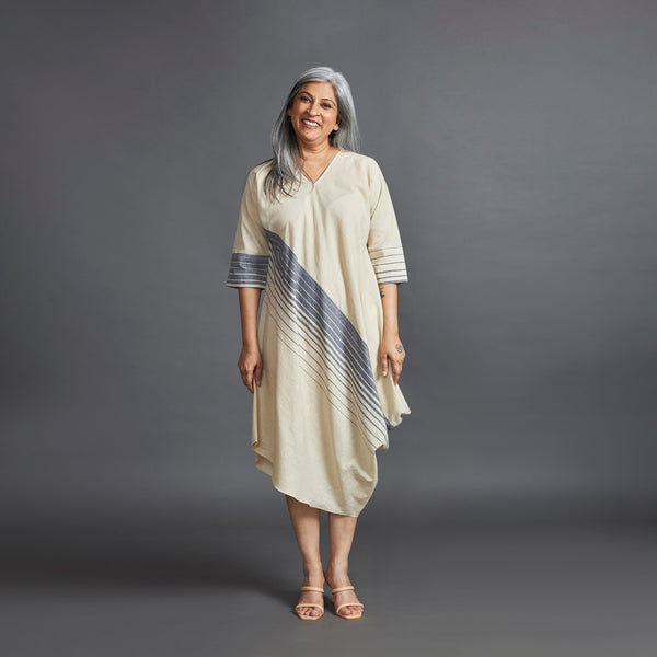 TASHI Cowl Dress - Ecru Grey Stripe (LAST PIECES)