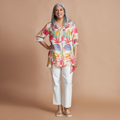 VEDA Asymmetric Shirt - Ivory Print (LAST PIECES)