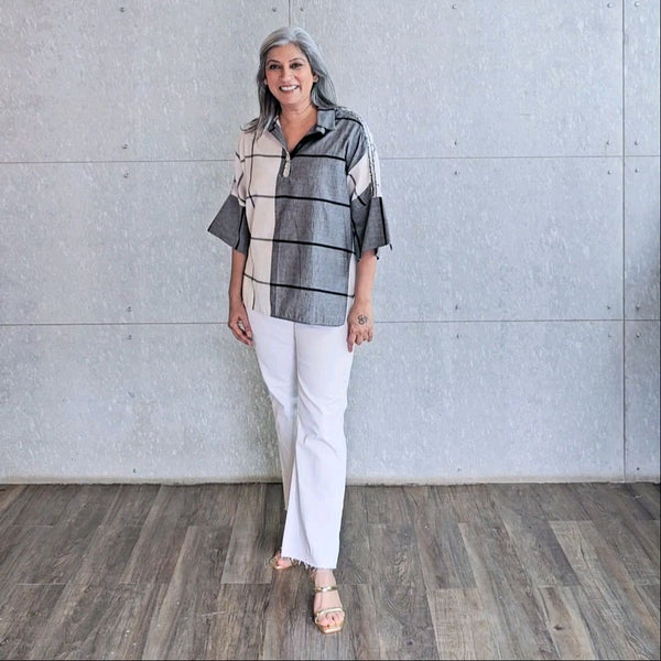 Yoko Oversize Shirt - Ivory & Grey