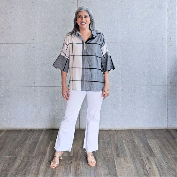 Yoko Oversize Shirt - Ivory & Grey