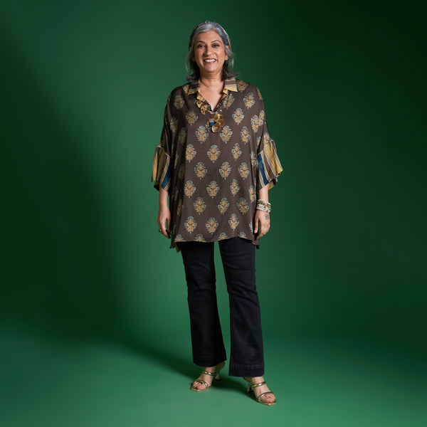 Yoko Oversize Shirt - Coffee Ajrakh Modal Satin with Gota Flowers