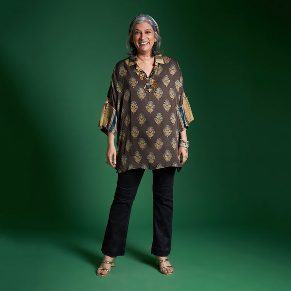 Yoko Oversize Shirt - Coffee Ajrakh Modal Satin with Gota Flowers