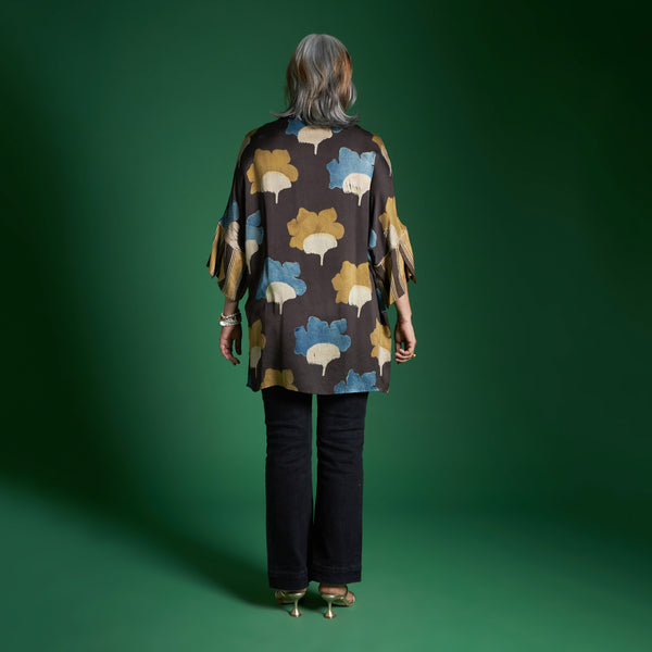Yoko Oversize Shirt - Coffee Ajrakh Modal Satin with Gota Flowers