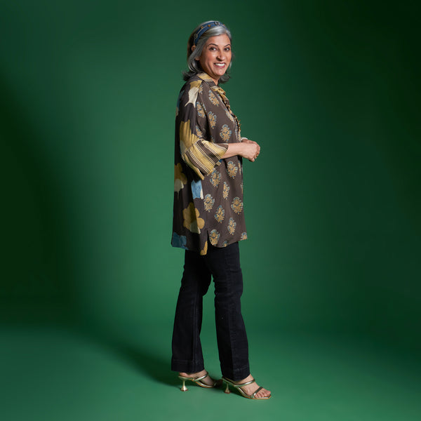 Yoko Oversize Shirt - Coffee Ajrakh Modal Satin with Gota Flowers