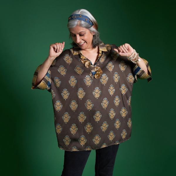 Yoko Oversize Shirt - Coffee Ajrakh Modal Satin with Gota Flowers