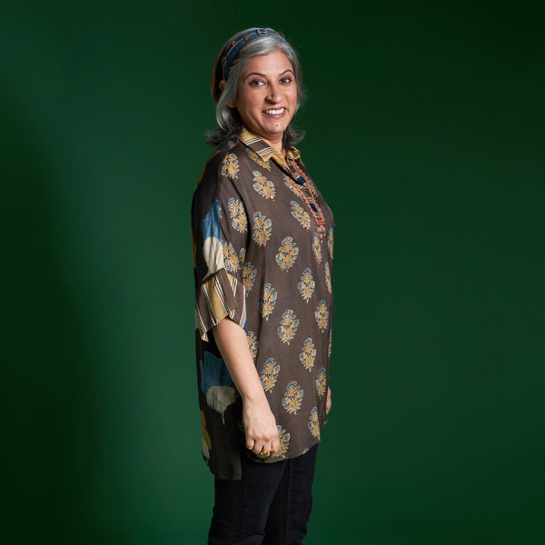 Yoko Oversize Shirt - Coffee Ajrakh Modal Satin with Marodi embroidery
